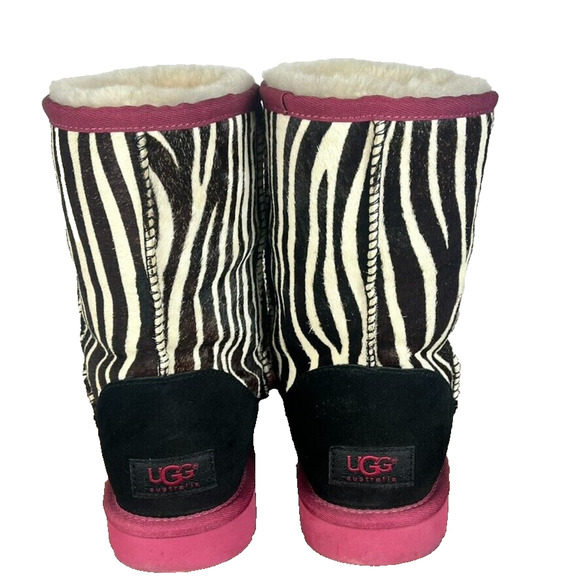 UGG Australia Boots Womens 6 Classic Short Leather Real Fur Zebra Print Lined - Picture 3 of 13